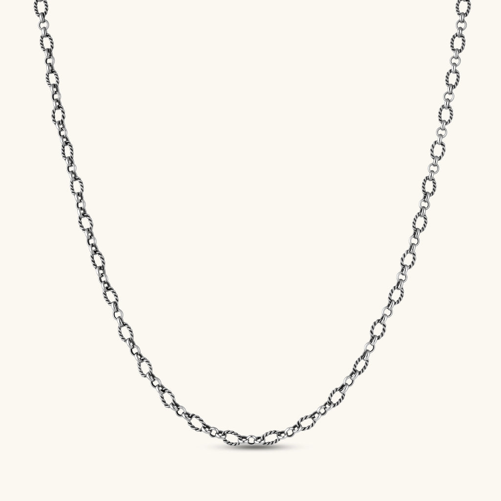 Oxidized 925 sterling silver necklace with alternating twisted oval and round links, lobster-claw clasp, 550mm length.