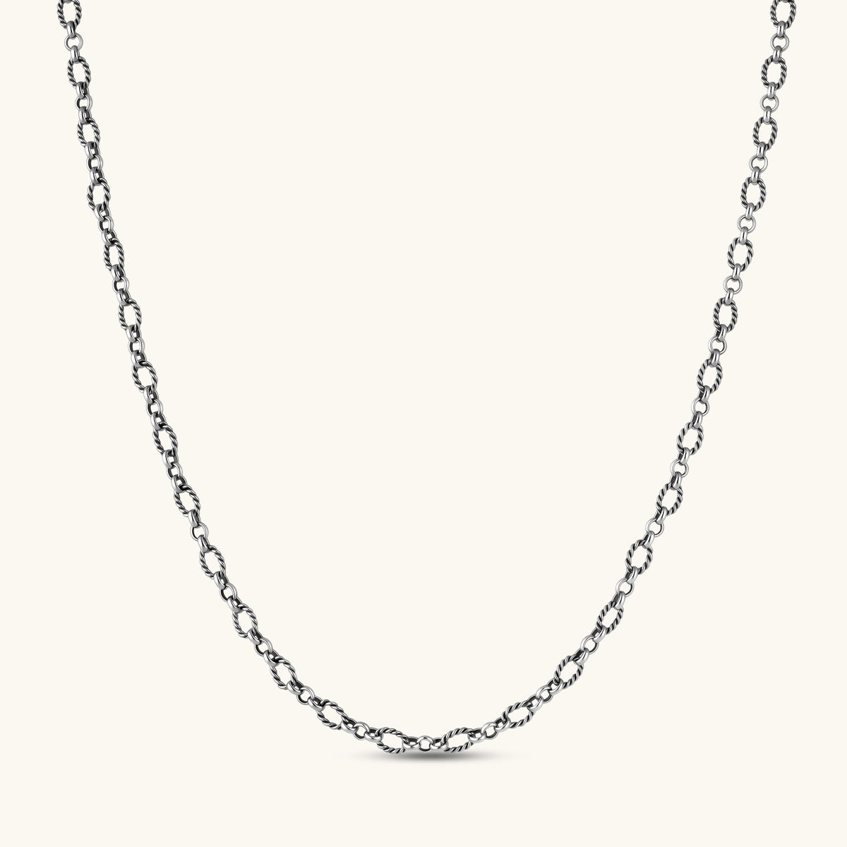 Oxidized 925 sterling silver necklace with alternating twisted oval and round links, lobster-claw clasp, 550mm length.