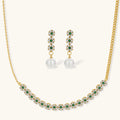 Gold plated necklace with green and clear zirconia flower clusters and matching drop earrings with white round beads.