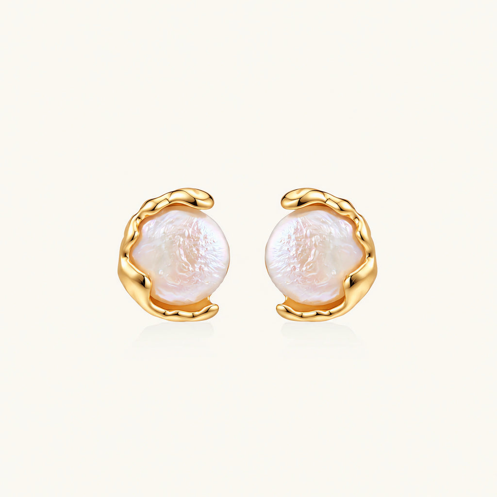 Gold vermeil studs with lustrous pink freshwater pearls in organic crescent settings