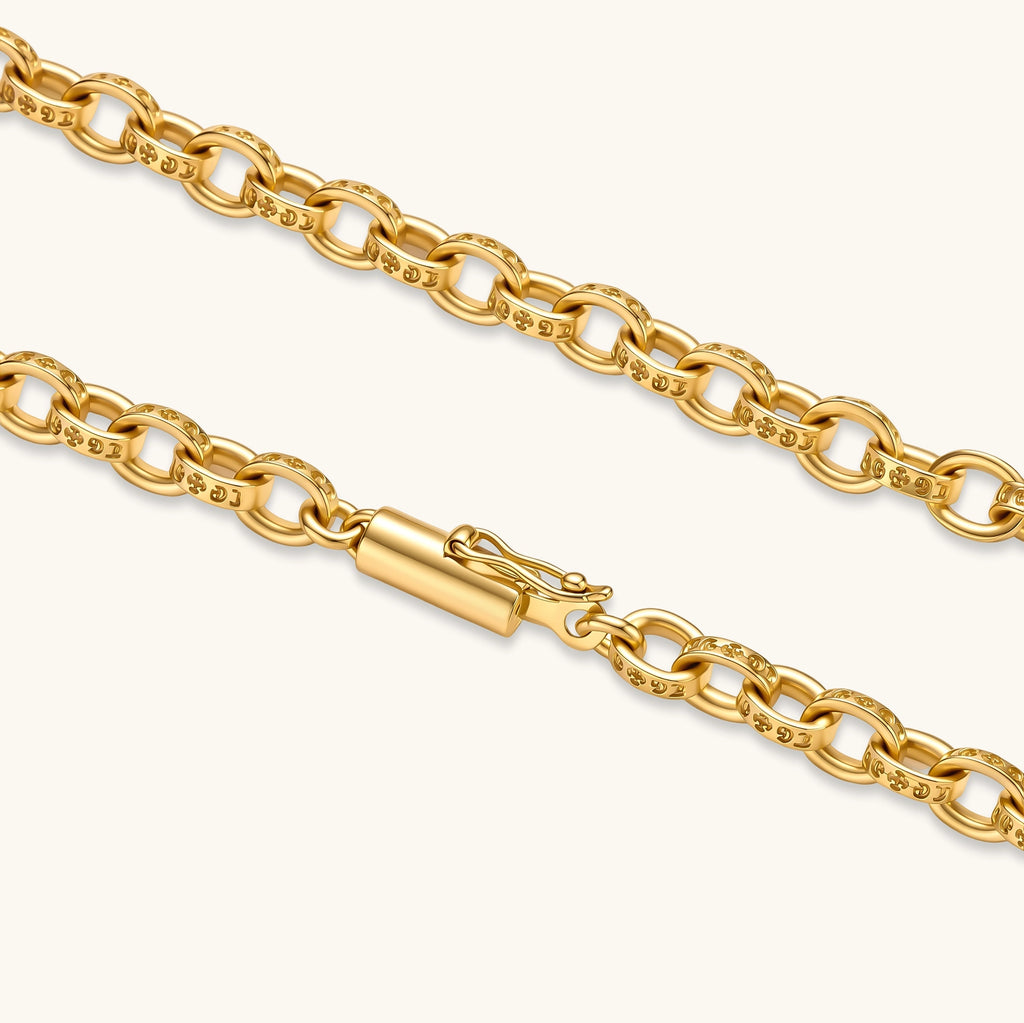 24K gold plated oval cable chain necklace with engraved links and cylindrical barrel clasp, 650mm length.