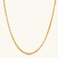 24K gold plated oval cable chain necklace with engraved links and cylindrical barrel clasp, 650mm length.