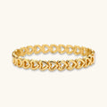 Gold 18K plated stainless steel bangle with continuous open heart links, high-polish finish, on white background.
