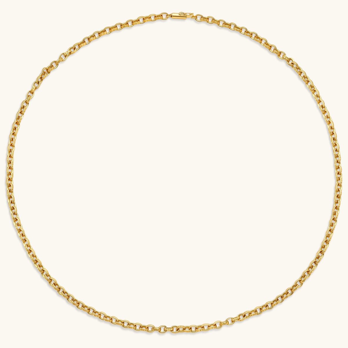 24K gold plated oval cable chain necklace with engraved links and cylindrical barrel clasp, 650mm length.